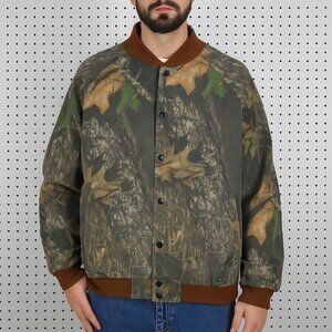 Mossy Oak Camo Bomber Jacket Large Field Staff Vintage 90s Hunting Breakup Snap
